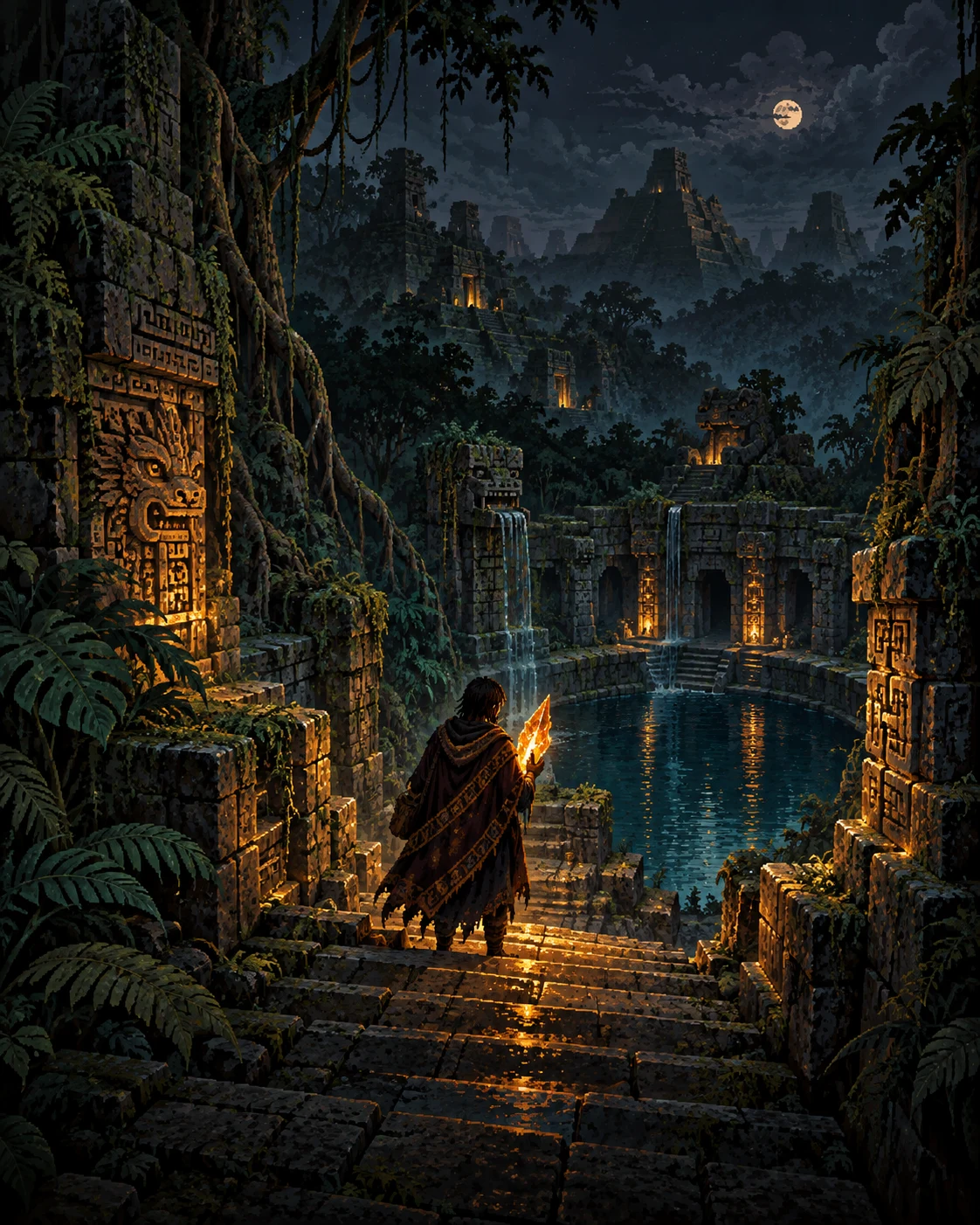 Pixel art of the Sun Bearer carrying a glowing sun shard through jungle ruins above a sacred cenote